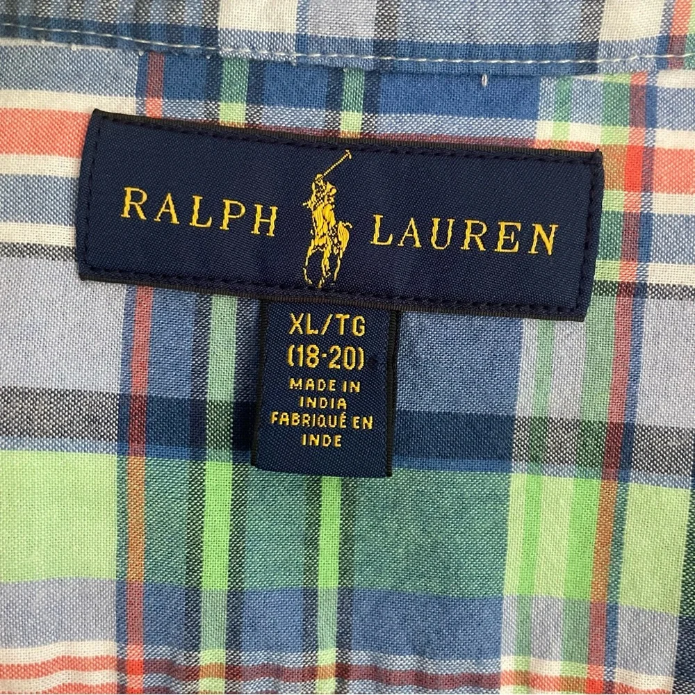 Ralph Lauren Boys XL 18-20 Blue Green Plaid Short Sleeve Button Down Shirt Pony